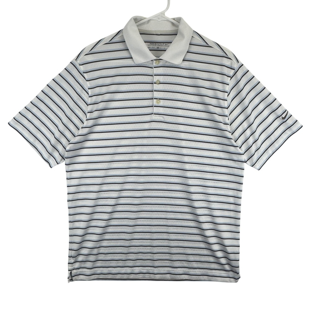 Nike Golf Polo Shirt Mens Medium White Blue‎ Striped Dri-Fit Performance Swoosh